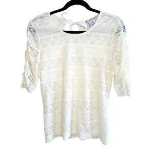 American Rag Cie Ivory Lace Top M Open Back Bow Ruched Sleeve Boho Chic Cottage
